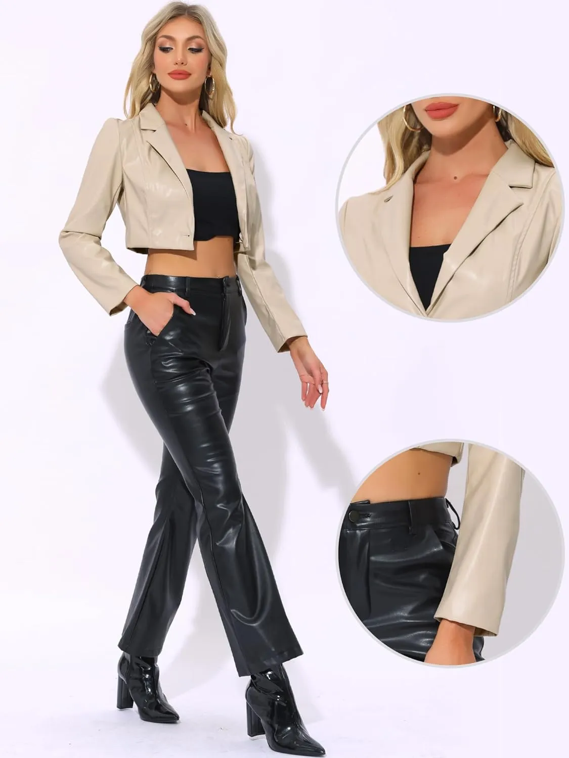 Allegra K Cropped Leather Jacket for Women's PU Casual Moto Jackets