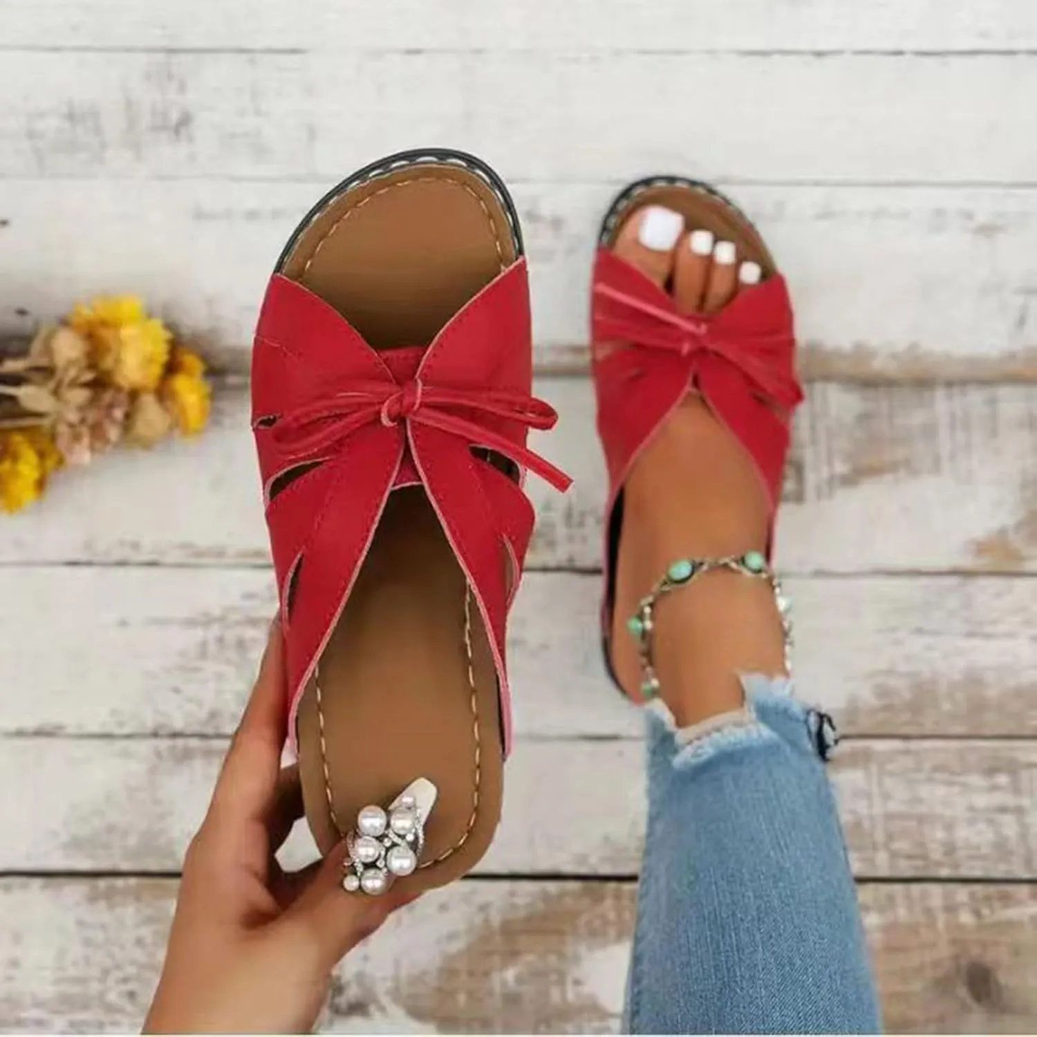 AMDBEL Summer Sandals for Women 2024 Trendy Women's Beach Sandals Hollow Casual Slippers Flat Shoes Retro Sandals Wedge Shoes