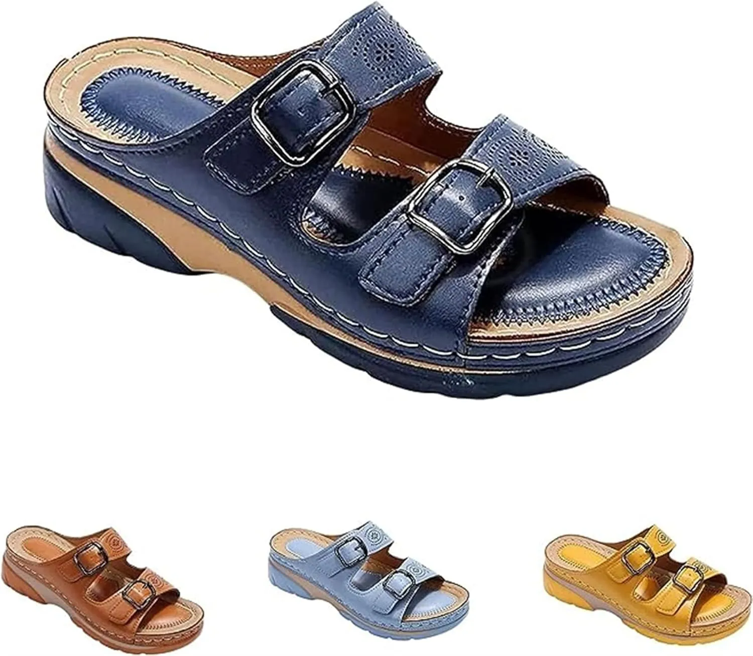 BBPM Sandals for Women Casual Summer Wedge Leather Sandals with Arch Support Summer Breathable Adjustable Orthopedic Wedge Slip On Sandals