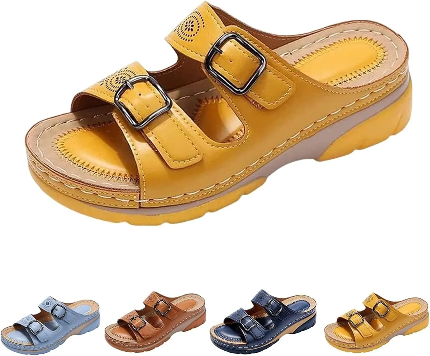 BBPM Sandals for Women Casual Summer Wedge Leather Sandals with Arch Support Summer Breathable Adjustable Orthopedic Wedge Slip On Sandals