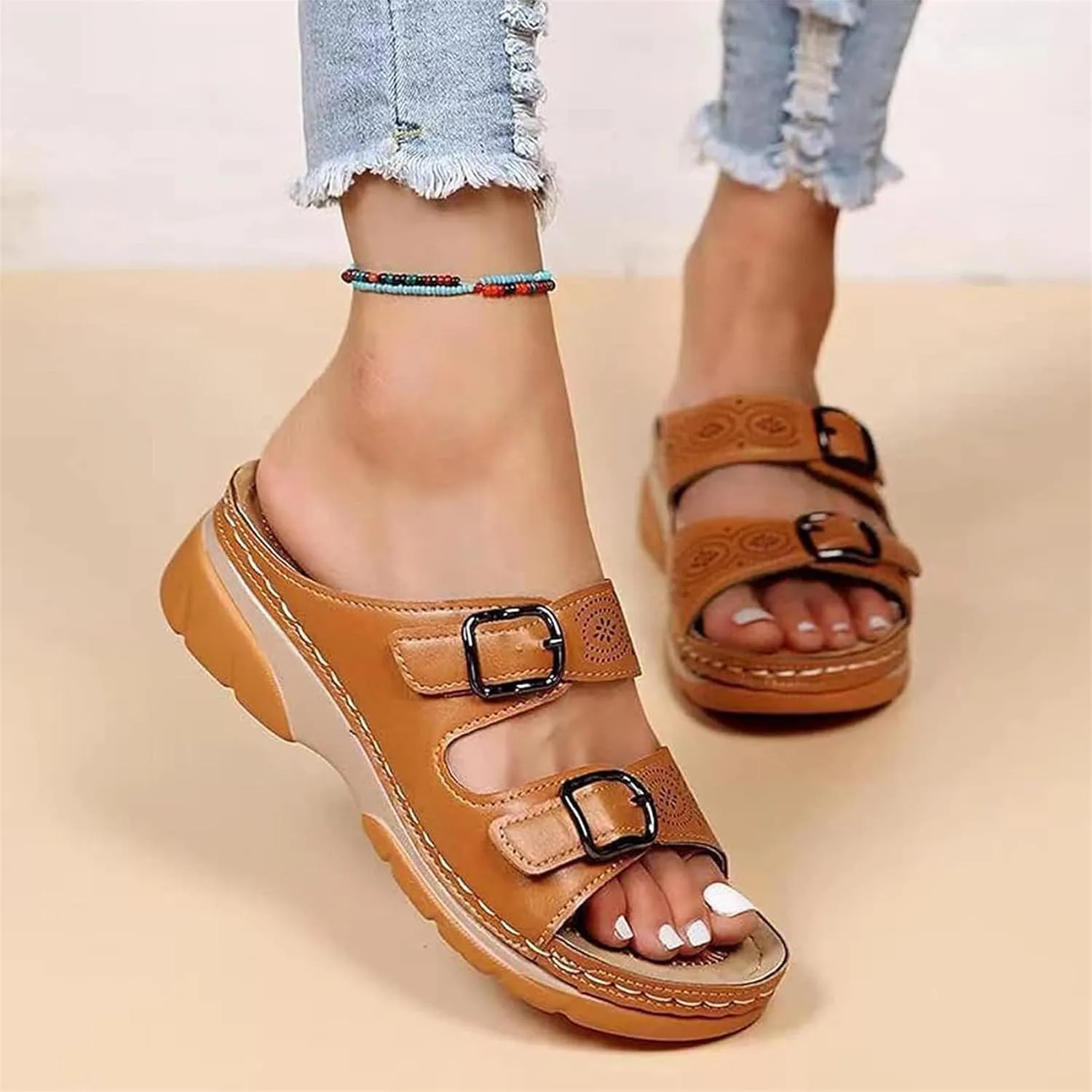 BBPM Sandals for Women Casual Summer Wedge Leather Sandals with Arch Support Summer Breathable Adjustable Orthopedic Wedge Slip On Sandals