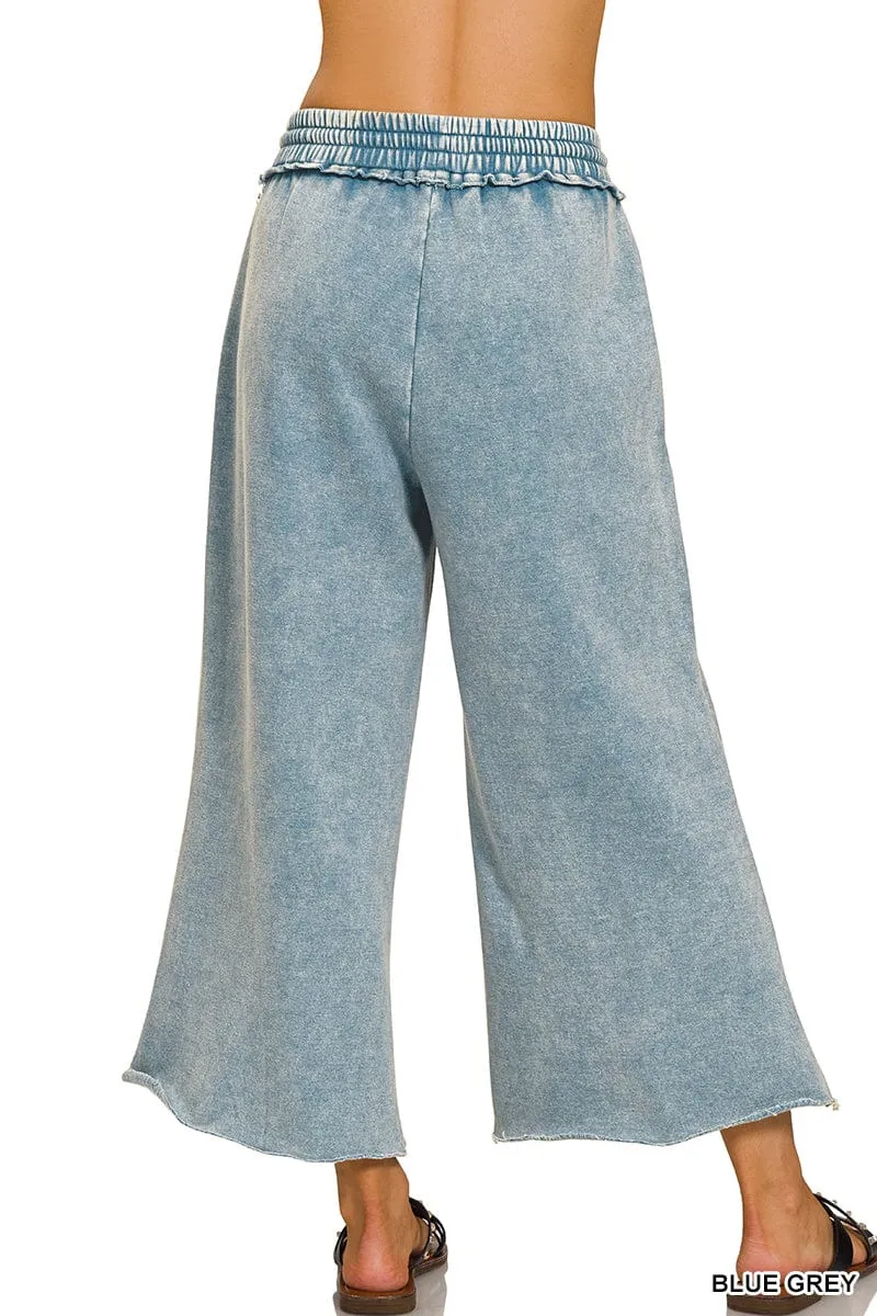 Blue Grey Acid Wash Fleece Palazzo Sweatpants