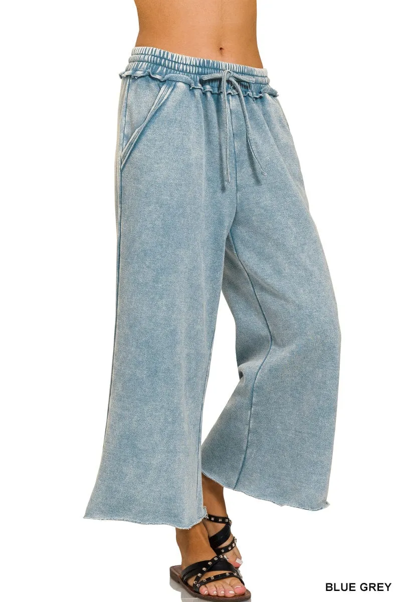 Blue Grey Acid Wash Fleece Palazzo Sweatpants