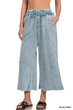 Blue Grey Acid Wash Fleece Palazzo Sweatpants