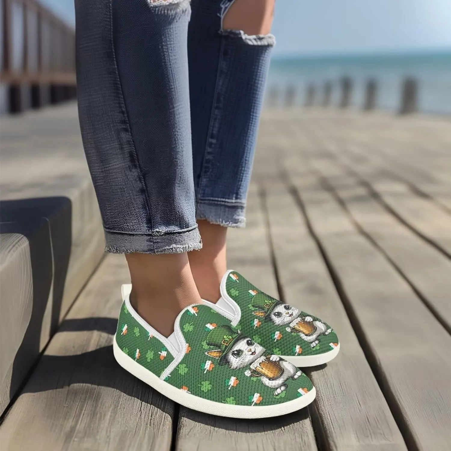 Cat Print Outdoor Shoes Fashion Work Flat Mesh Business Shoes Slip On Leisure Loafer for Women