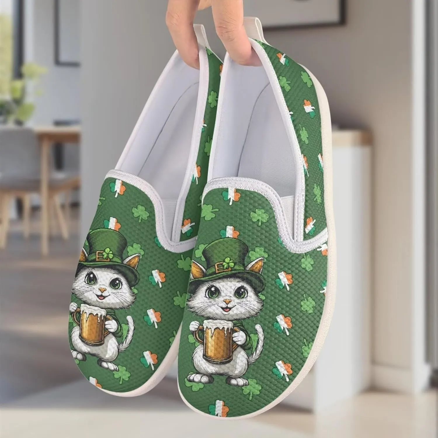 Cat Print Outdoor Shoes Fashion Work Flat Mesh Business Shoes Slip On Leisure Loafer for Women