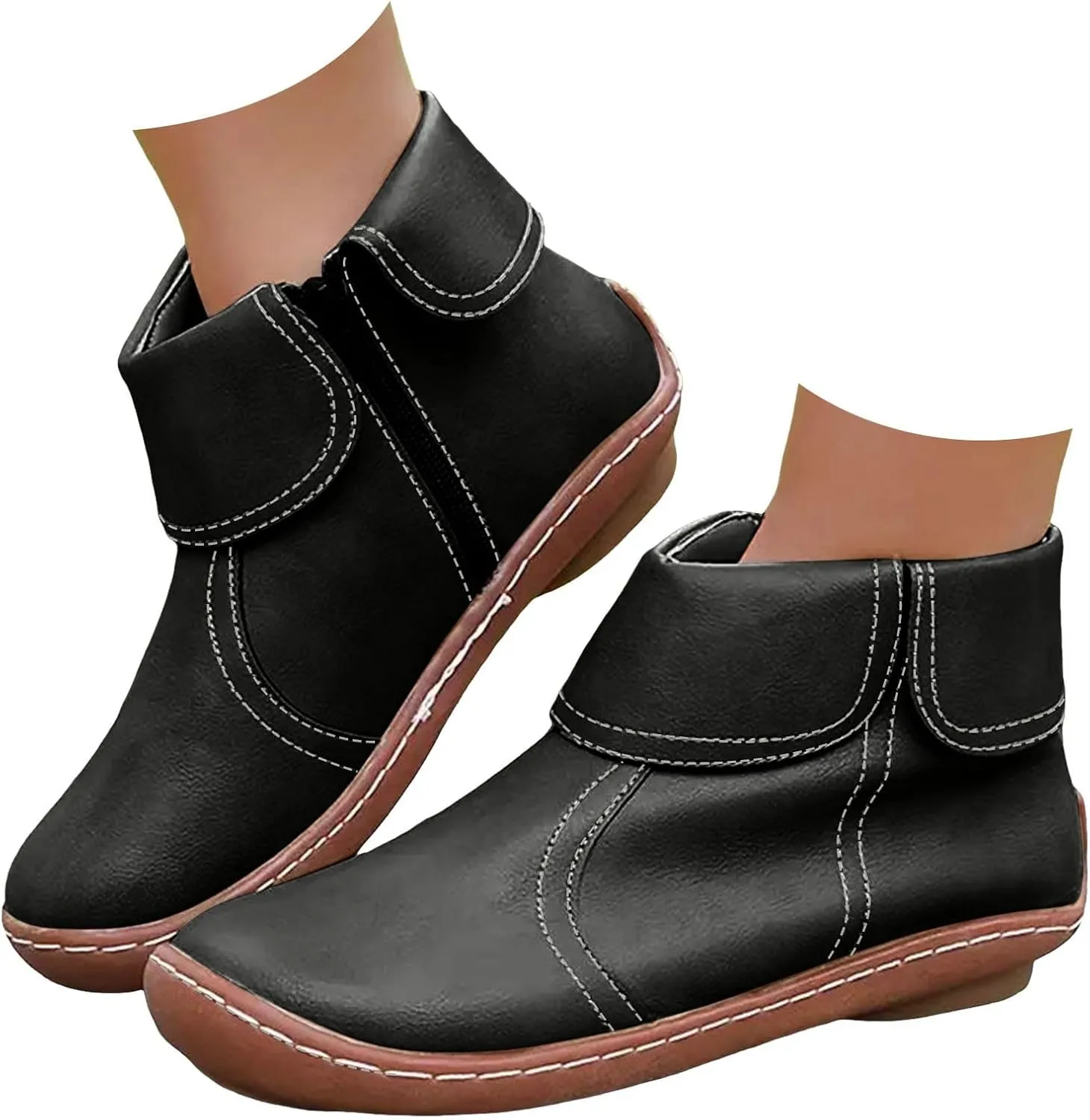 Cathalem Ankle Boots for Women, 2024 New Flat Heel Booties Arch Support Booties Side Zip-up Vintage Leather Damping Shoes