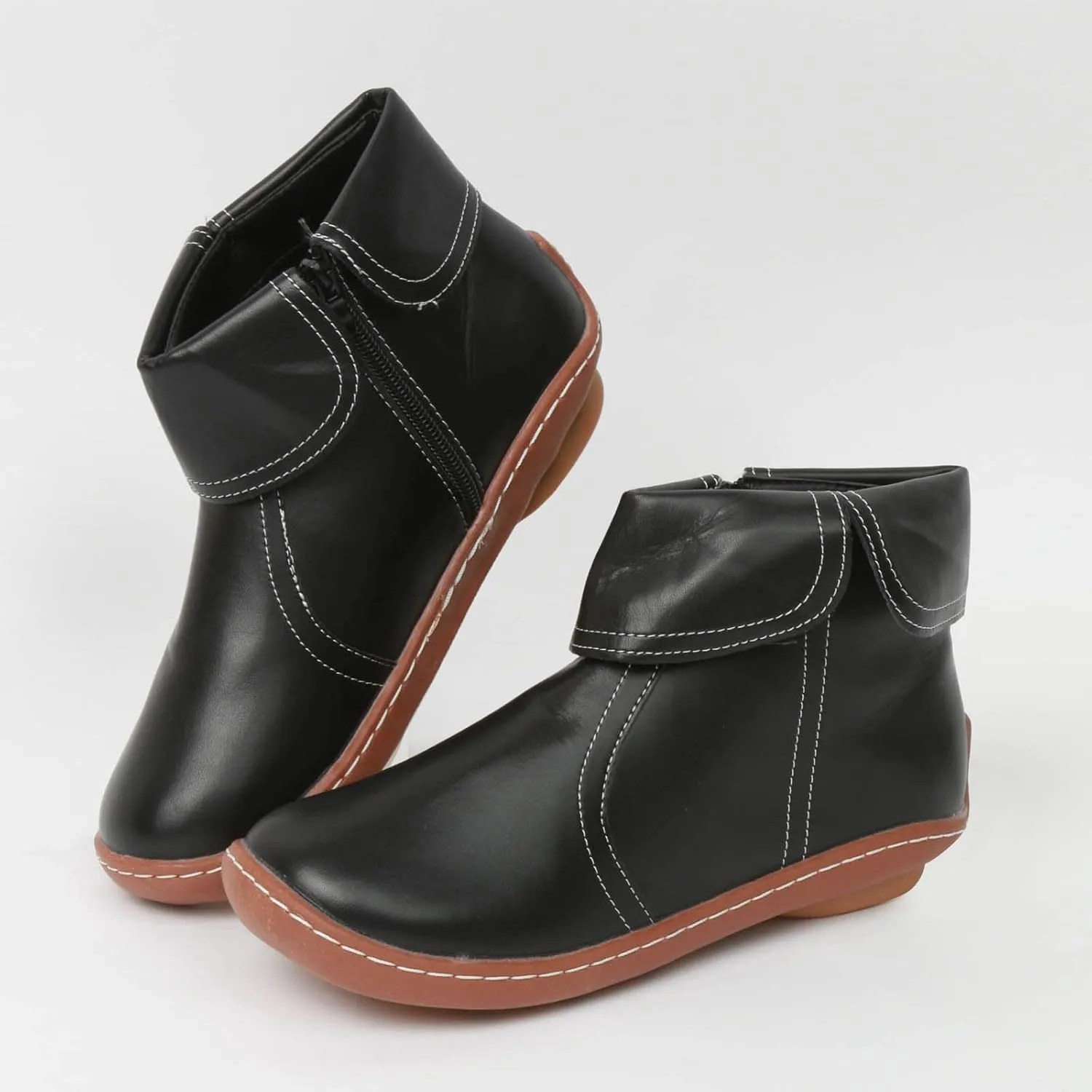 Cathalem Ankle Boots for Women, 2024 New Flat Heel Booties Arch Support Booties Side Zip-up Vintage Leather Damping Shoes