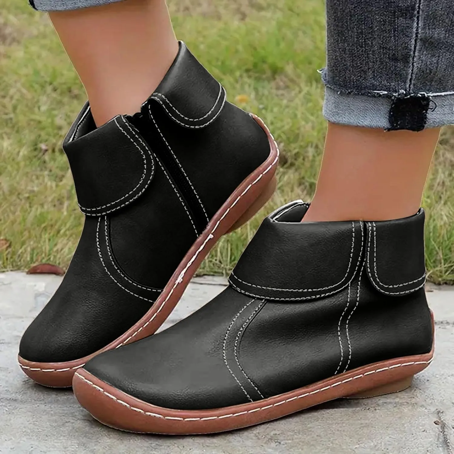 Cathalem Ankle Boots for Women, 2024 New Flat Heel Booties Arch Support Booties Side Zip-up Vintage Leather Damping Shoes