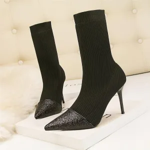 Chicvane Womens Sequin Knitted Pointed Toe Stiletto Heel Mid Calf Boots