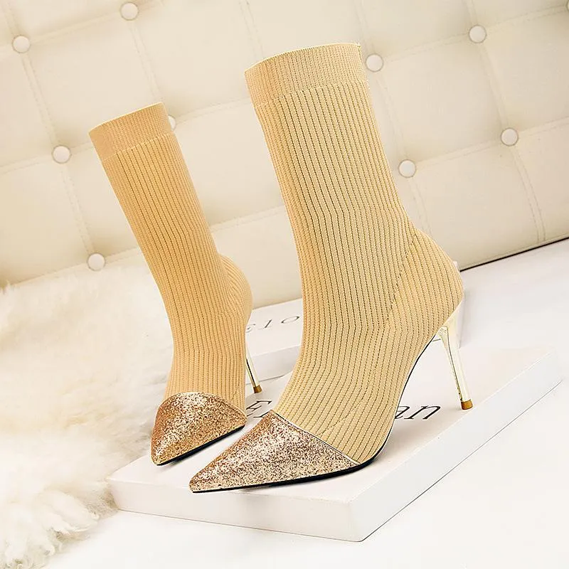 Chicvane Womens Sequin Knitted Pointed Toe Stiletto Heel Mid Calf Boots