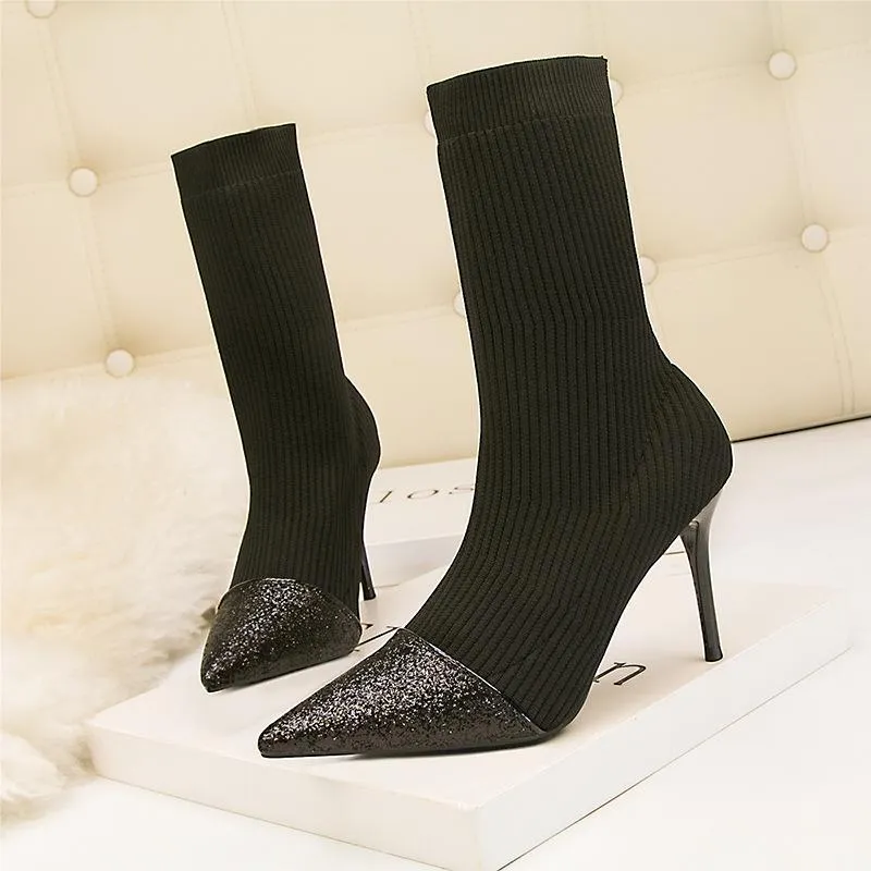 Chicvane Womens Sequin Knitted Pointed Toe Stiletto Heel Mid Calf Boots