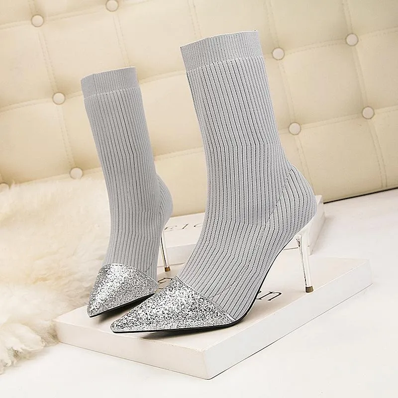 Chicvane Womens Sequin Knitted Pointed Toe Stiletto Heel Mid Calf Boots