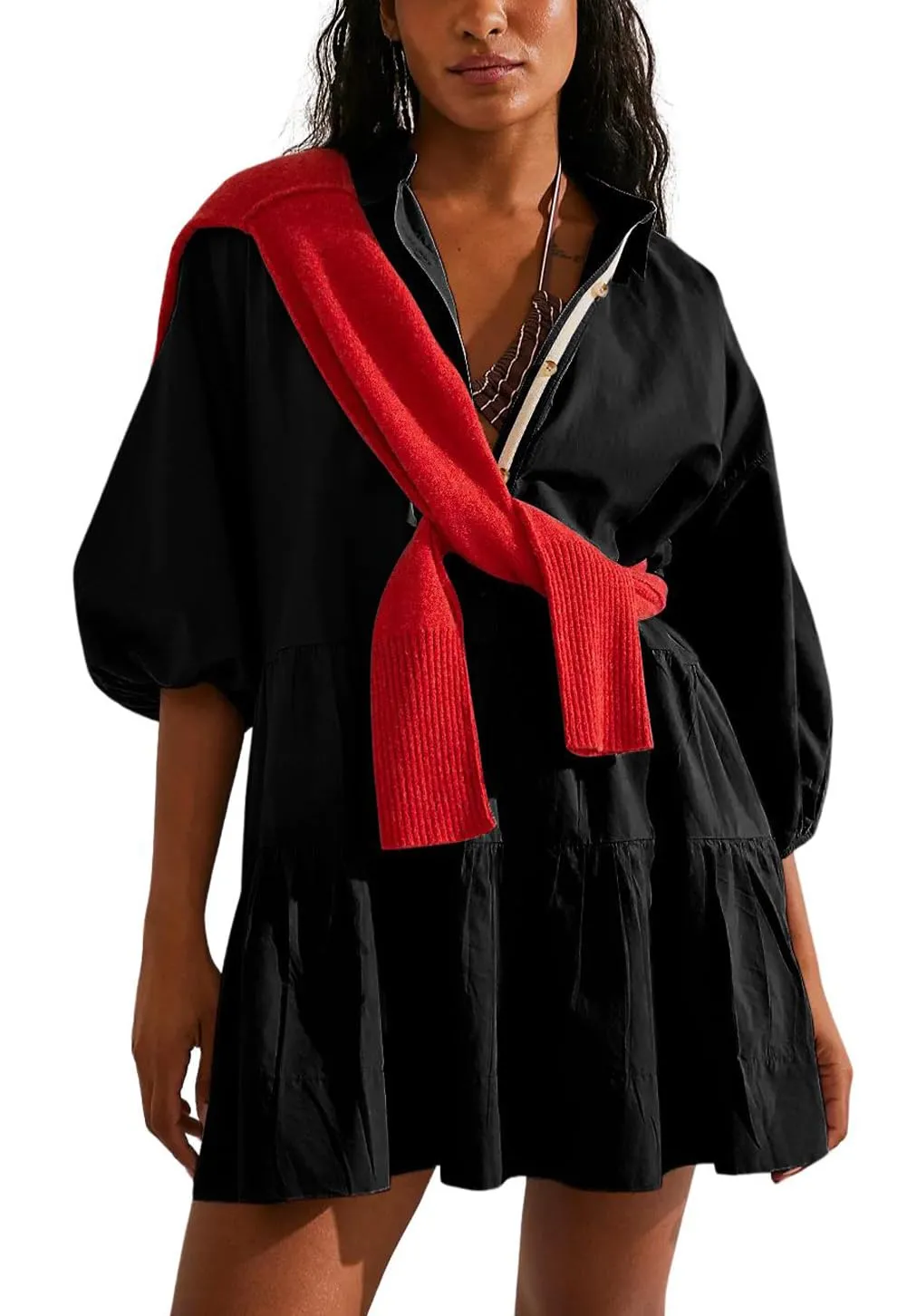 Chouyatou Women's Summer Puff Sleeve Tiered Tunic Babydoll Dress Cute Mini Button Down Shirt Dress