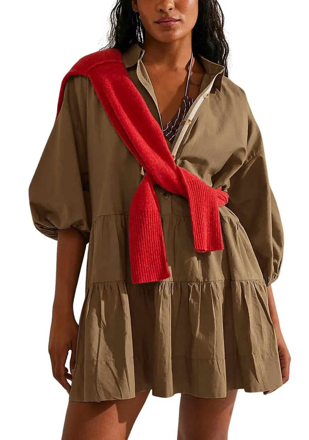 Chouyatou Women's Summer Puff Sleeve Tiered Tunic Babydoll Dress Cute Mini Button Down Shirt Dress