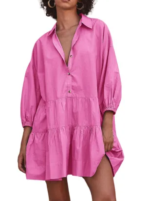 Chouyatou Women's Summer Puff Sleeve Tiered Tunic Babydoll Dress Cute Mini Button Down Shirt Dress