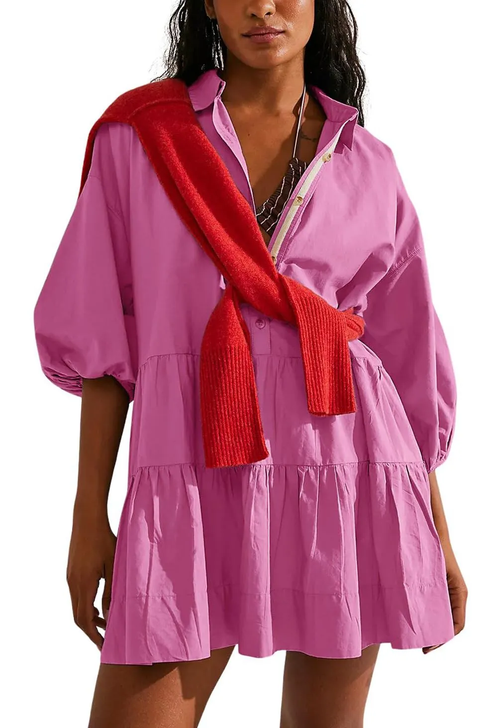 Chouyatou Women's Summer Puff Sleeve Tiered Tunic Babydoll Dress Cute Mini Button Down Shirt Dress