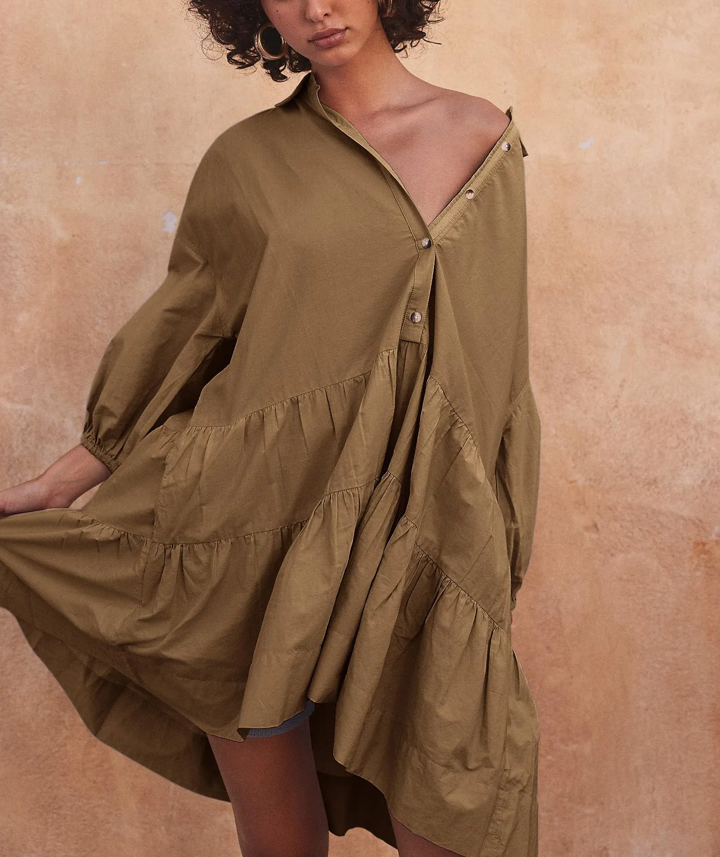 Chouyatou Women's Summer Puff Sleeve Tiered Tunic Babydoll Dress Cute Mini Button Down Shirt Dress
