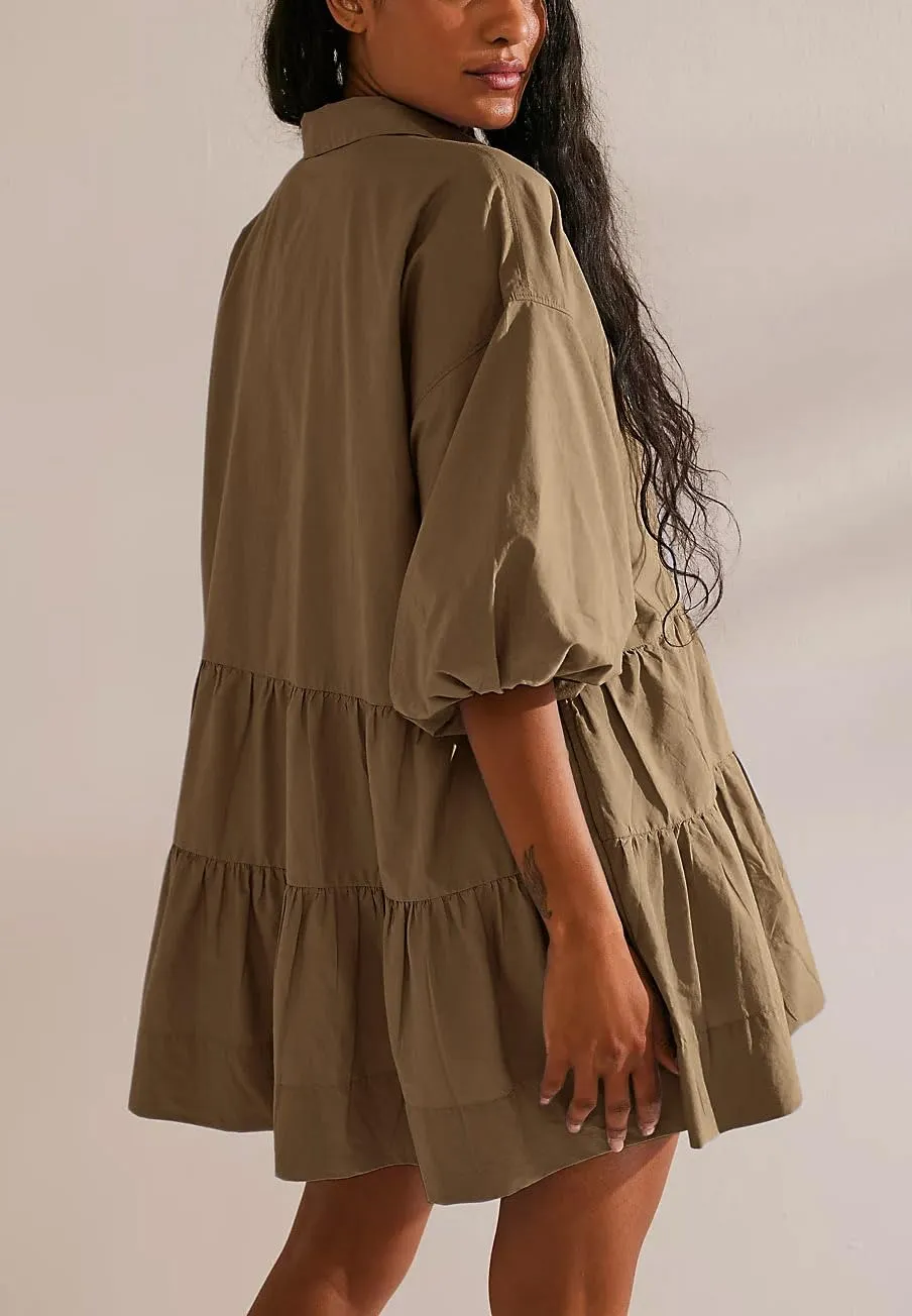 Chouyatou Women's Summer Puff Sleeve Tiered Tunic Babydoll Dress Cute Mini Button Down Shirt Dress