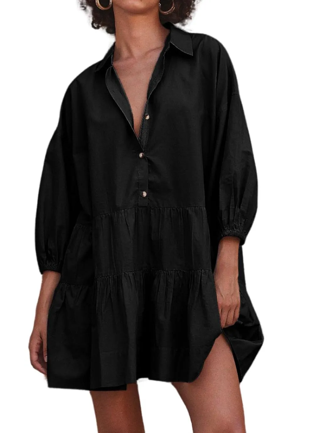 Chouyatou Women's Summer Puff Sleeve Tiered Tunic Babydoll Dress Cute Mini Button Down Shirt Dress