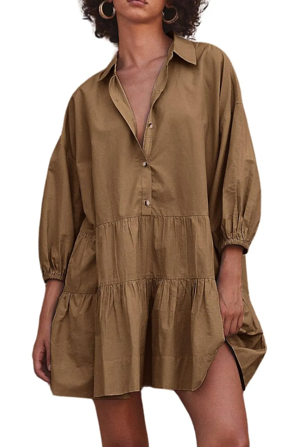 Chouyatou Women's Summer Puff Sleeve Tiered Tunic Babydoll Dress Cute Mini Button Down Shirt Dress