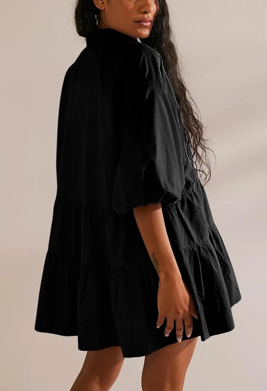 Chouyatou Women's Summer Puff Sleeve Tiered Tunic Babydoll Dress Cute Mini Button Down Shirt Dress