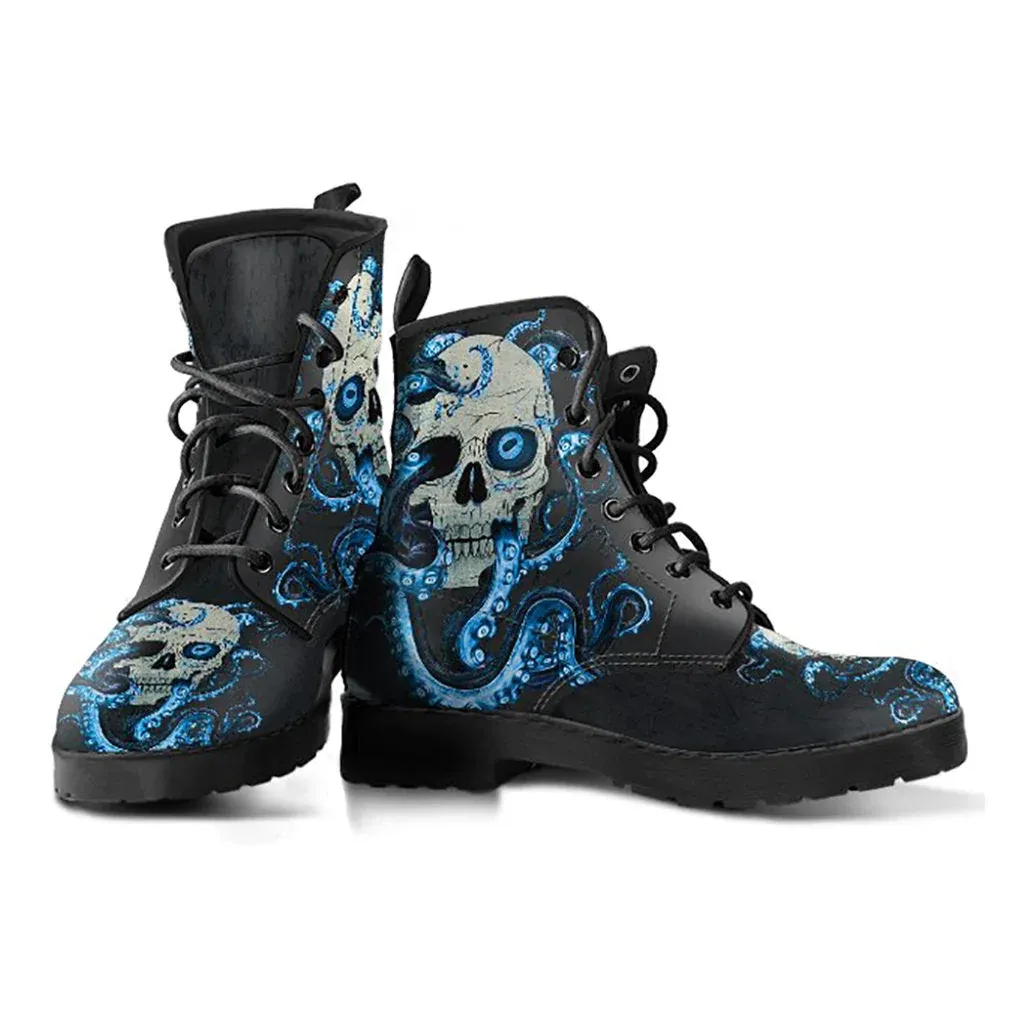 Combat Boots for Women - Skull With Octopus Tentacles Women's Handcrafted Premium Boots V2