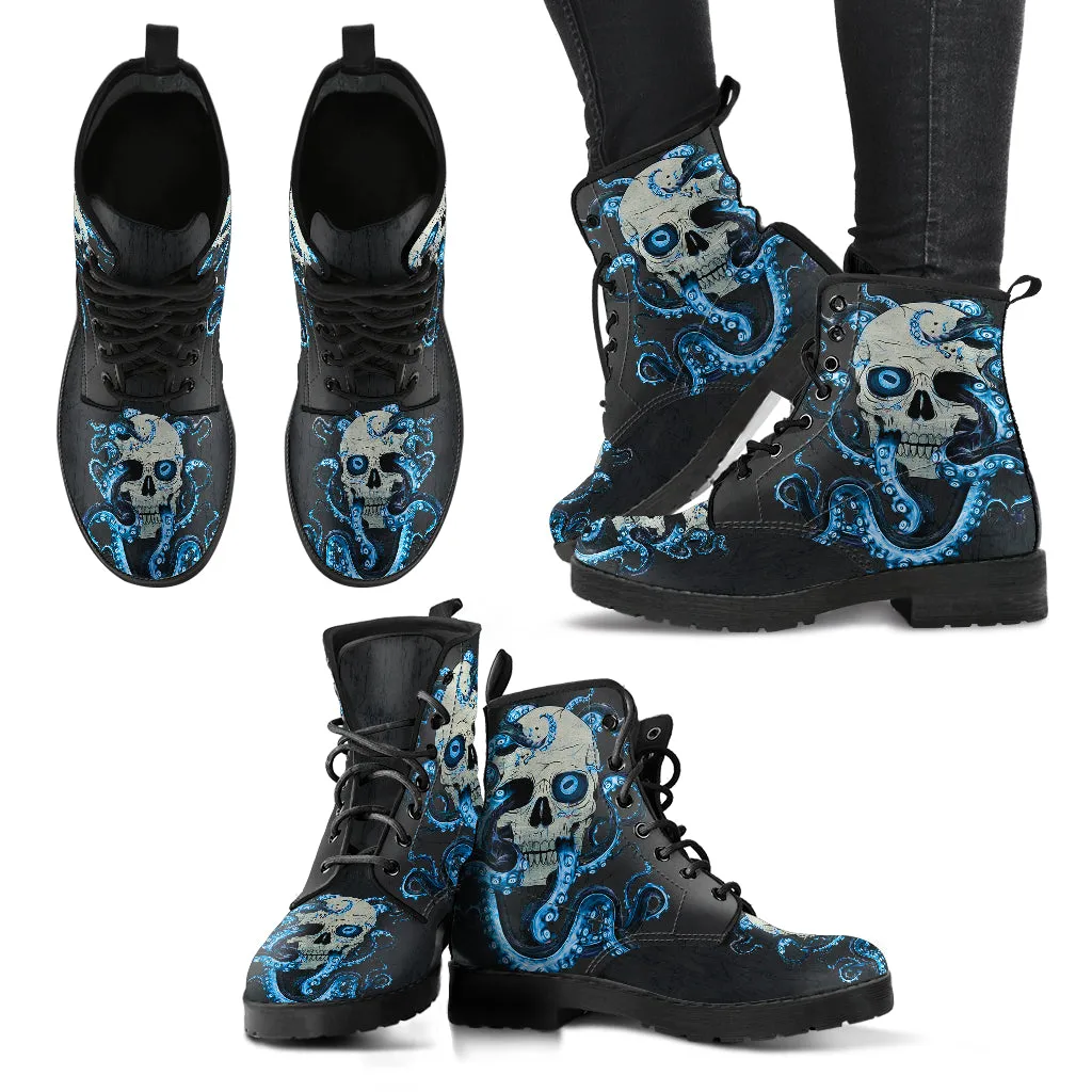 Combat Boots for Women - Skull With Octopus Tentacles Women's Handcrafted Premium Boots V2