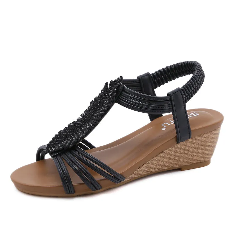 Cuzcare Arch Support Sandals Women Woody Design Rhinestones Open Toe Wedge Summer Beach Trendy