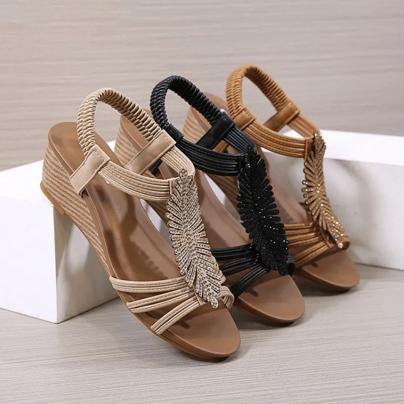 Cuzcare Arch Support Sandals Women Woody Design Rhinestones Open Toe Wedge Summer Beach Trendy