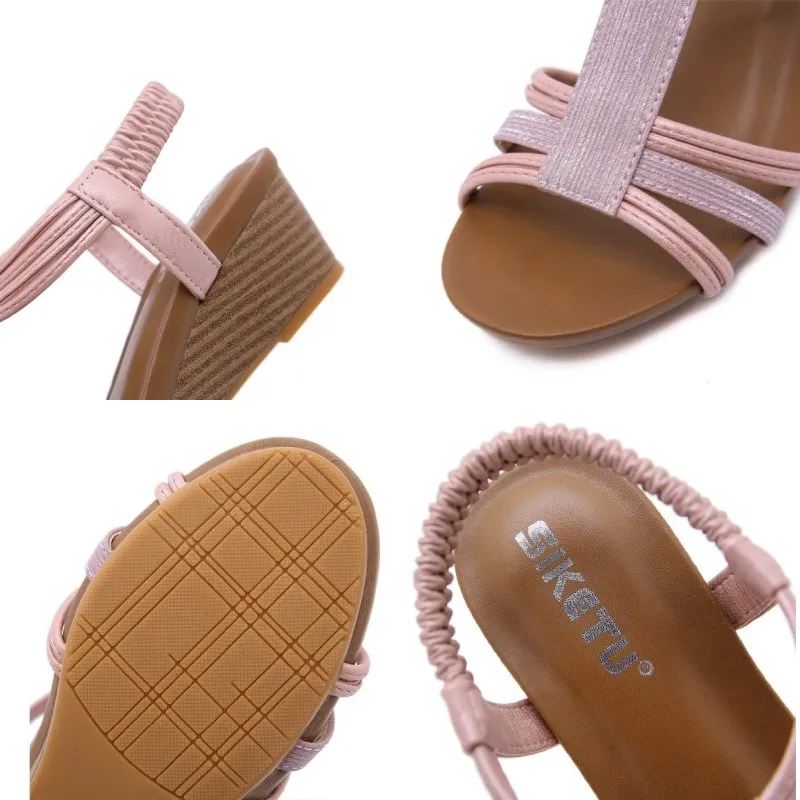 Cuzcare Arch Support Sandals Women Woody Design Rhinestones Open Toe Wedge Summer Beach Trendy