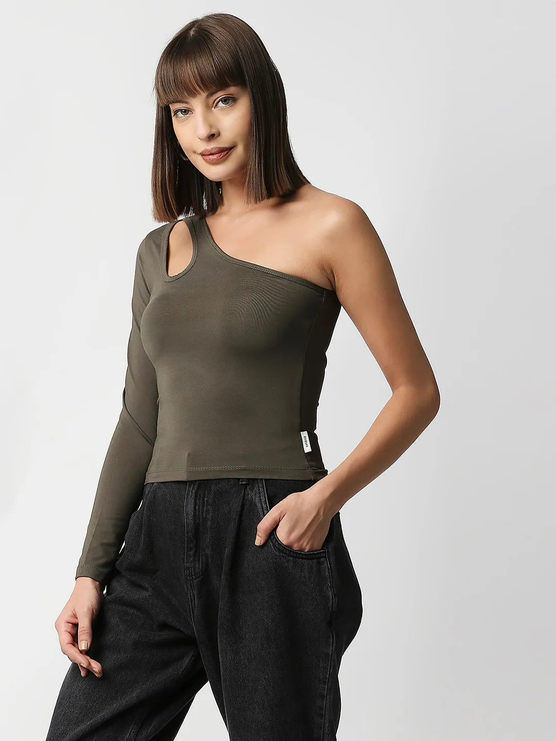 Disrupt Women Olive One Shoulder Cut-Out Neck Slim Crop Top