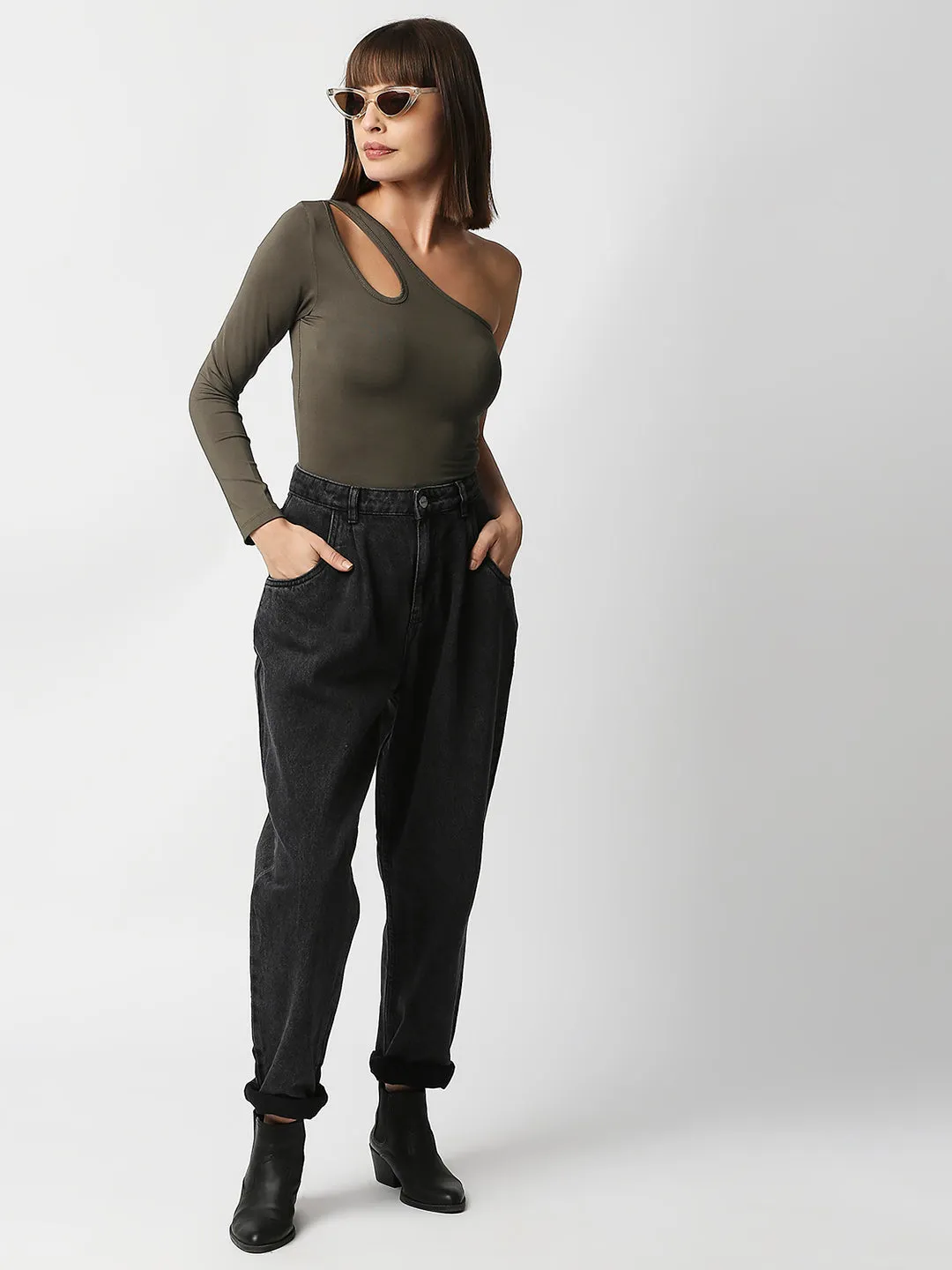 Disrupt Women Olive One Shoulder Cut-Out Neck Slim Crop Top