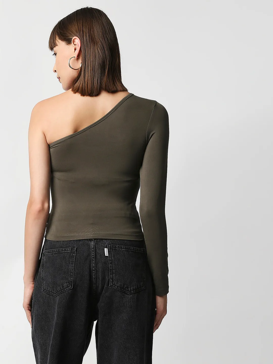 Disrupt Women Olive One Shoulder Cut-Out Neck Slim Crop Top