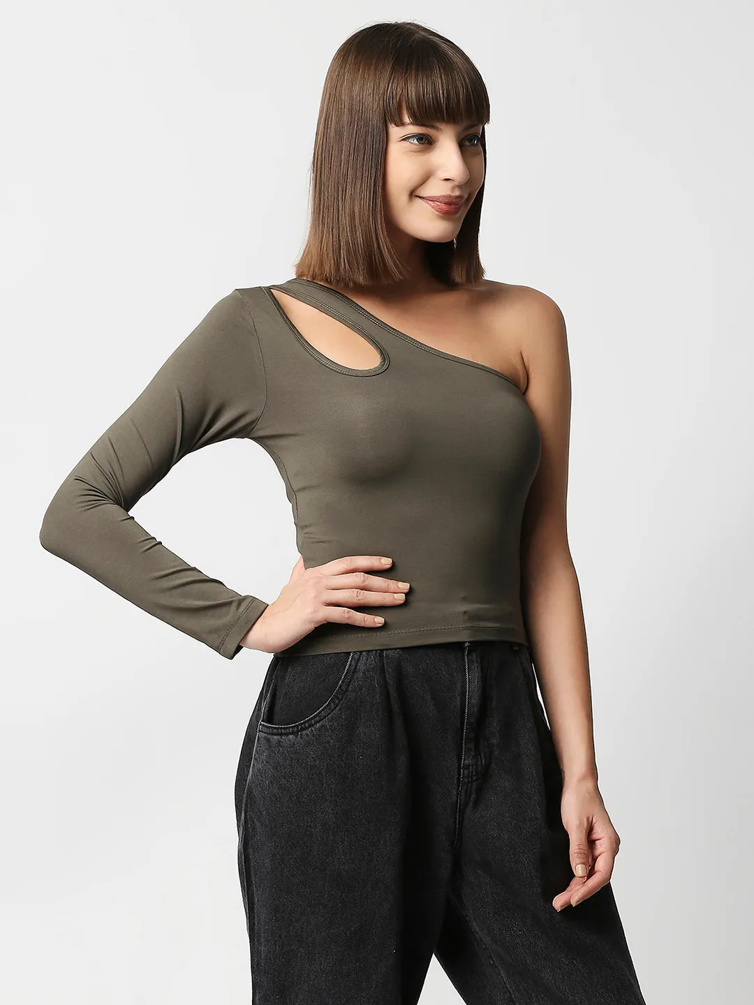 Disrupt Women Olive One Shoulder Cut-Out Neck Slim Crop Top