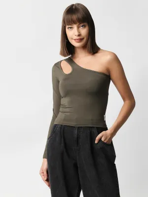 Disrupt Women Olive One Shoulder Cut-Out Neck Slim Crop Top