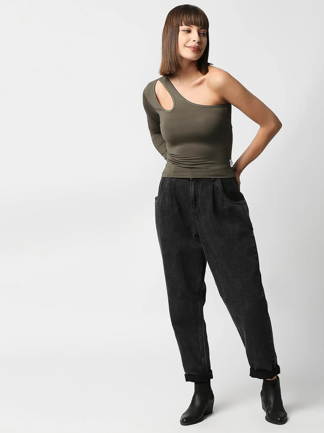 Disrupt Women Olive One Shoulder Cut-Out Neck Slim Crop Top