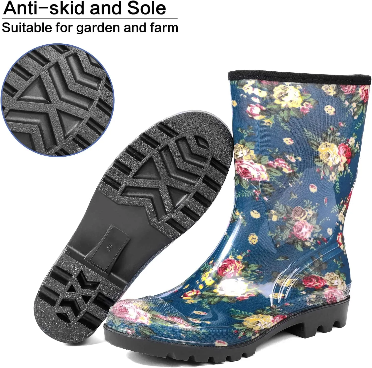 DKSUKO Waterproof Womens Rain Boots insulated,Lightweight Rubber fashion Boots in Gardening,Warm and Comfortable Wide Calf Rain Boots with Glossy in Outdoor