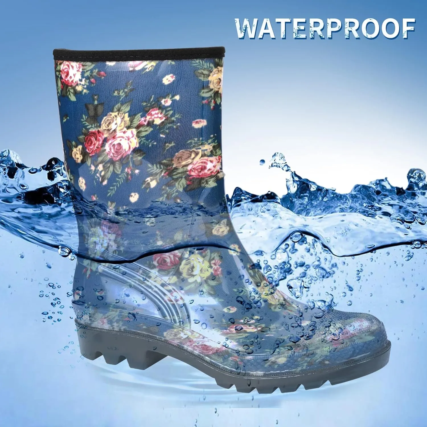 DKSUKO Waterproof Womens Rain Boots insulated,Lightweight Rubber fashion Boots in Gardening,Warm and Comfortable Wide Calf Rain Boots with Glossy in Outdoor