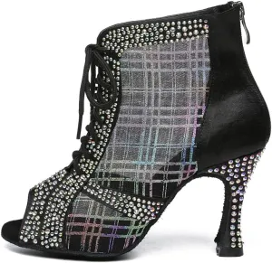 DKZSYIM Women Rhinestone Ballroom Dance Shoes Latin Salsa Perfermence Practice Dancing Shoes,Model YCL433