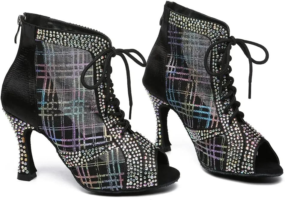 DKZSYIM Women Rhinestone Ballroom Dance Shoes Latin Salsa Perfermence Practice Dancing Shoes,Model YCL433