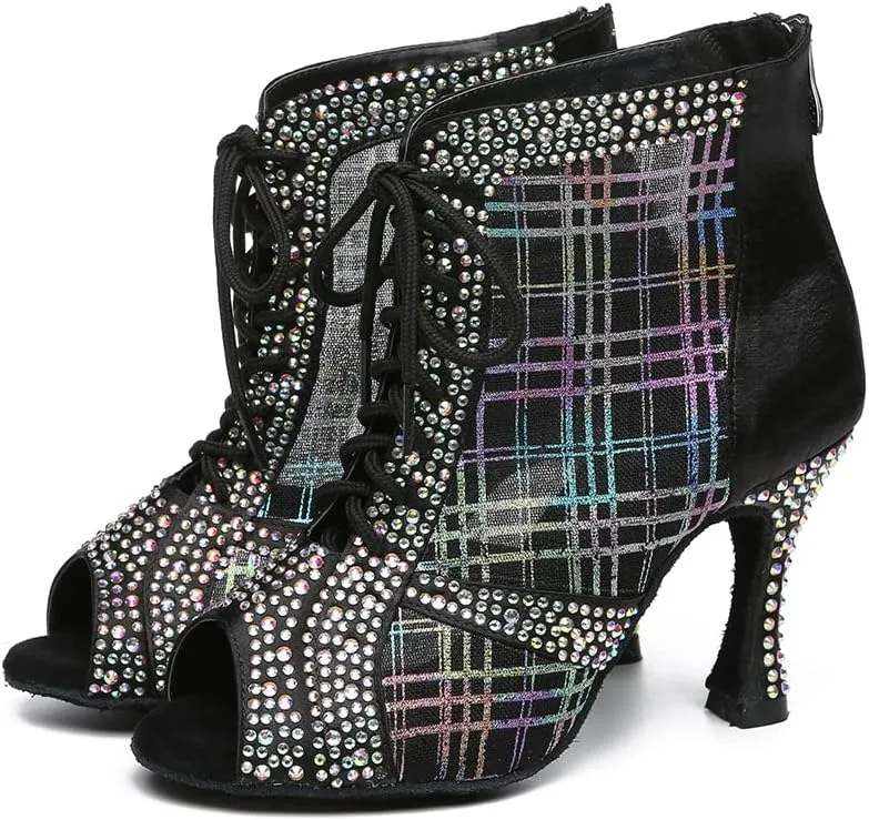 DKZSYIM Women Rhinestone Ballroom Dance Shoes Latin Salsa Perfermence Practice Dancing Shoes,Model YCL433