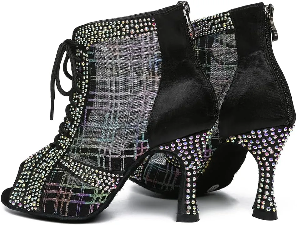 DKZSYIM Women Rhinestone Ballroom Dance Shoes Latin Salsa Perfermence Practice Dancing Shoes,Model YCL433