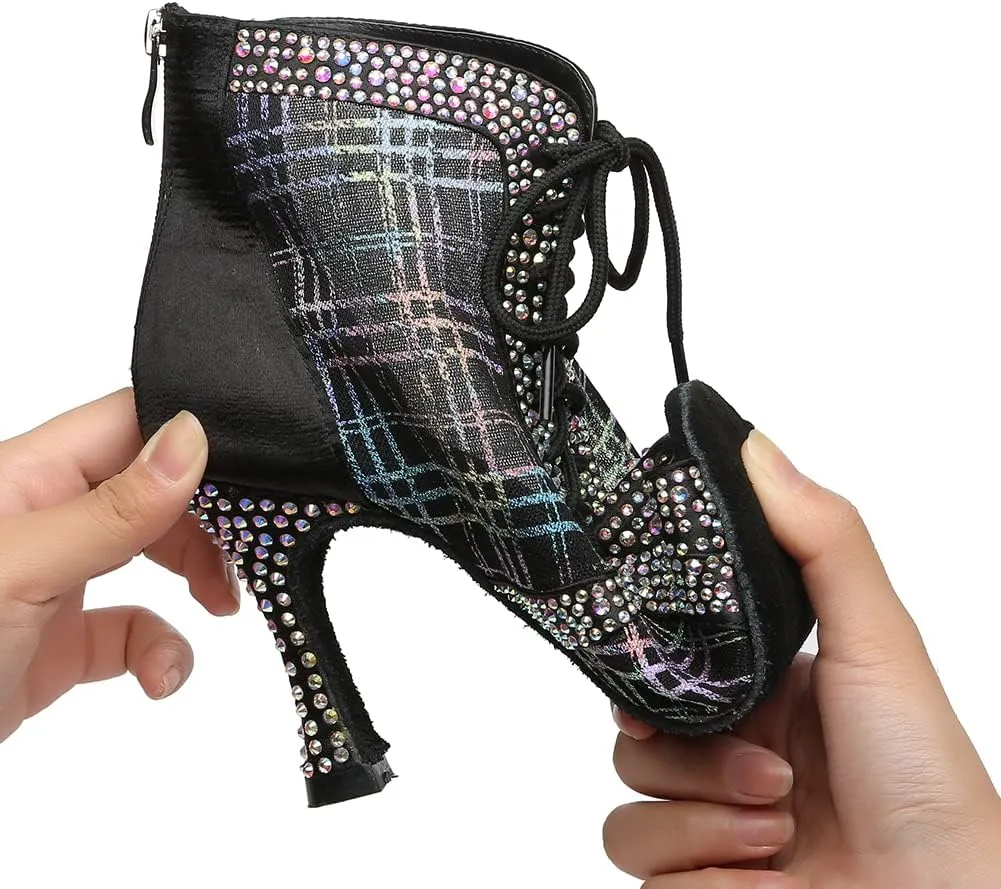 DKZSYIM Women Rhinestone Ballroom Dance Shoes Latin Salsa Perfermence Practice Dancing Shoes,Model YCL433