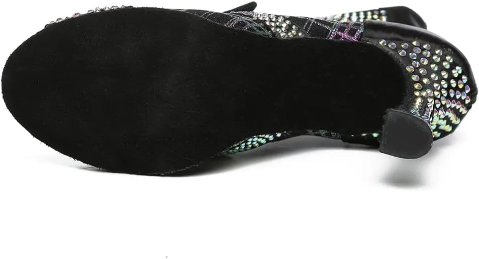 DKZSYIM Women Rhinestone Ballroom Dance Shoes Latin Salsa Perfermence Practice Dancing Shoes,Model YCL433