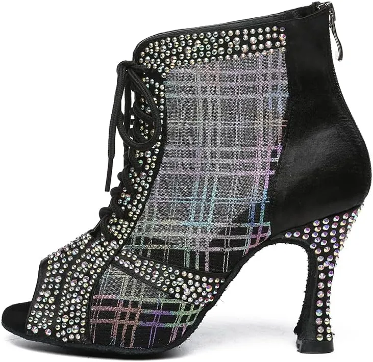 DKZSYIM Women Rhinestone Ballroom Dance Shoes Latin Salsa Perfermence Practice Dancing Shoes,Model YCL433