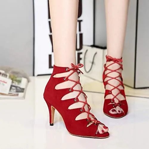 DKZSYIM Women's Latin Dance Shoes,Lace-up Salsa Party Wedding Ankle Boot Sandals,Model YCL361