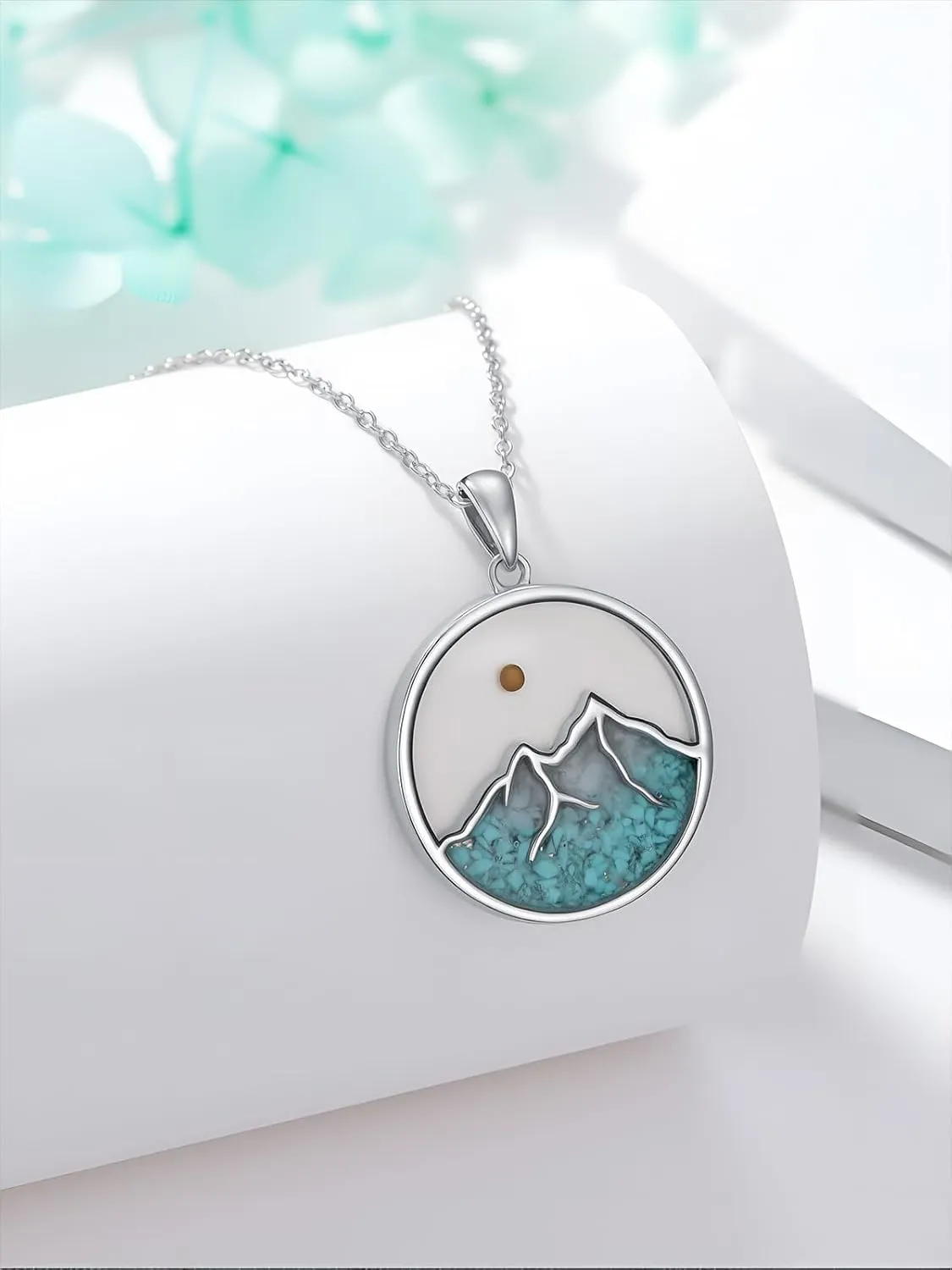 Dorunmo Mountain Necklace for Women 925 Sterling Silver Mountain Mustard Seed Turquoise Pendant Necklace Jewelry Gifts For Hikers Climbers Nature Lover