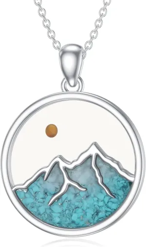 Dorunmo Mountain Necklace for Women 925 Sterling Silver Mountain Mustard Seed Turquoise Pendant Necklace Jewelry Gifts For Hikers Climbers Nature Lover