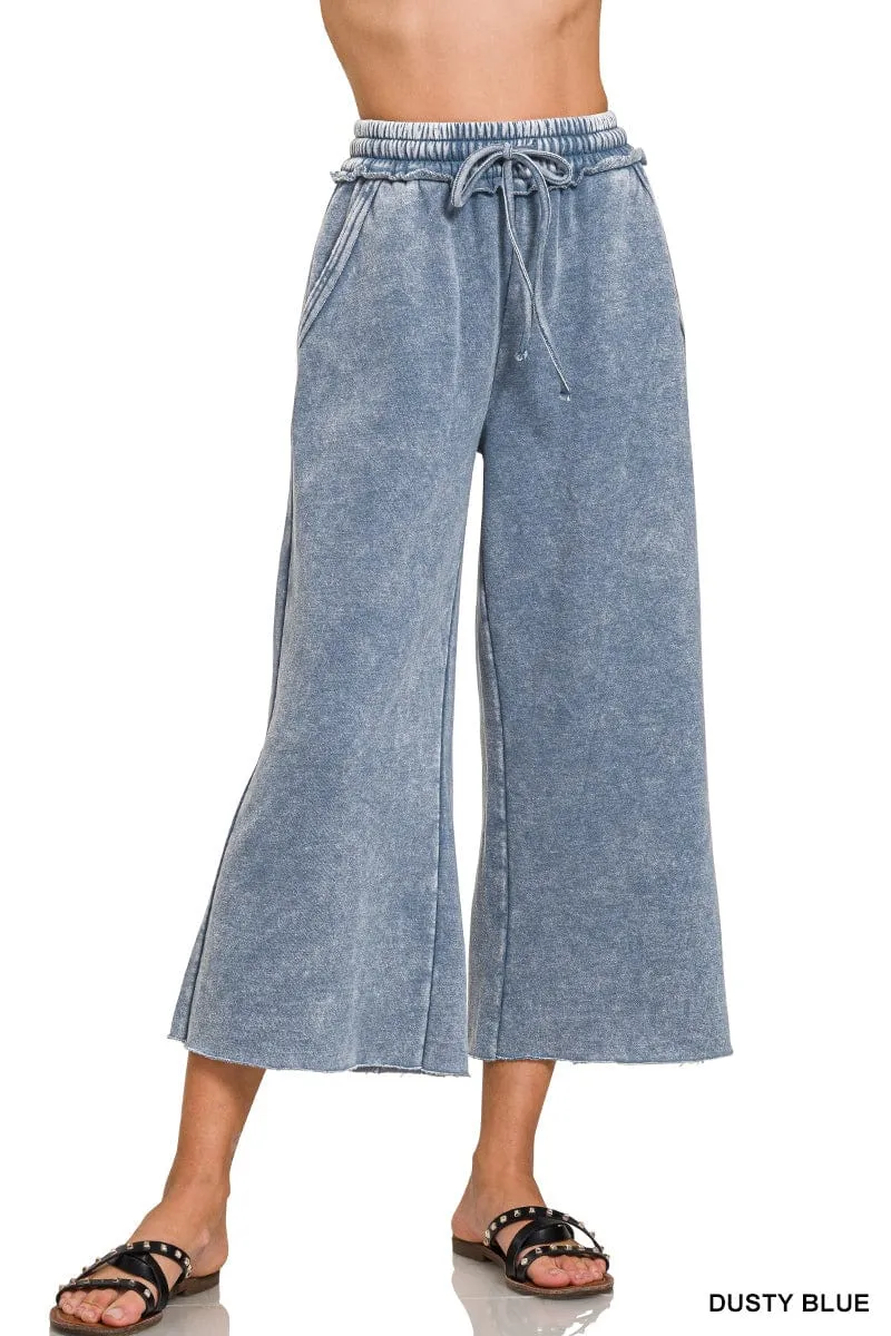 Dusty Blue Acid Wash Fleece Palazzo Sweatpants